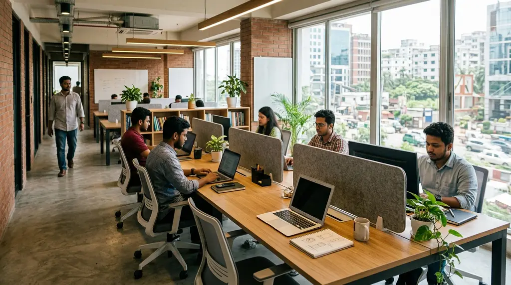 Office workstation design Dhaka: ideal desk sizes, aisle width, and partition options for startups