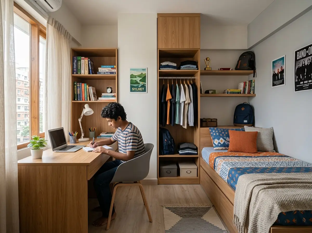 Big results from teen room design (compact storage + study)