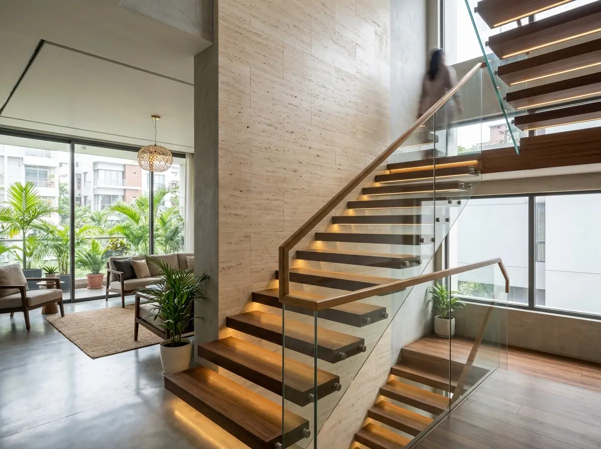 Staircase design (railing, cladding, lighting)