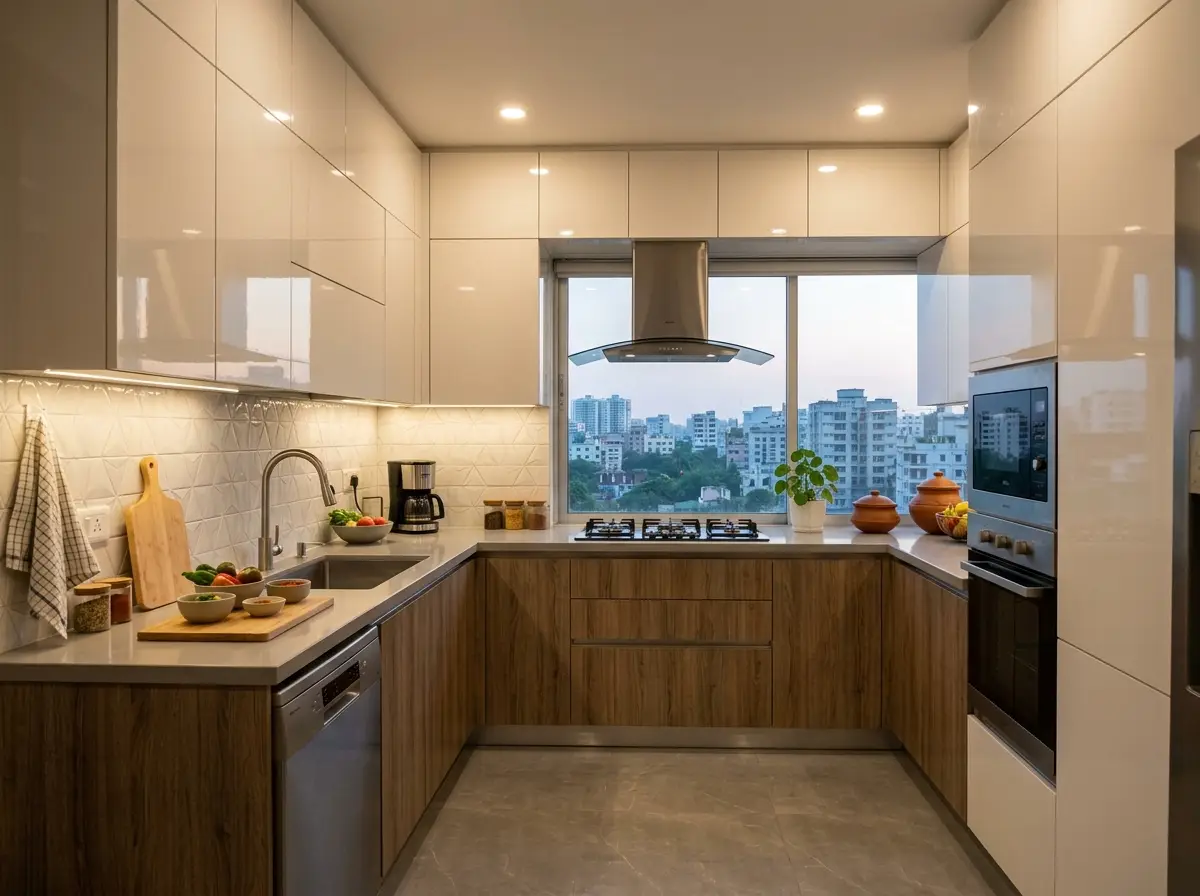 Modular kitchen with acrylic finish cabinets