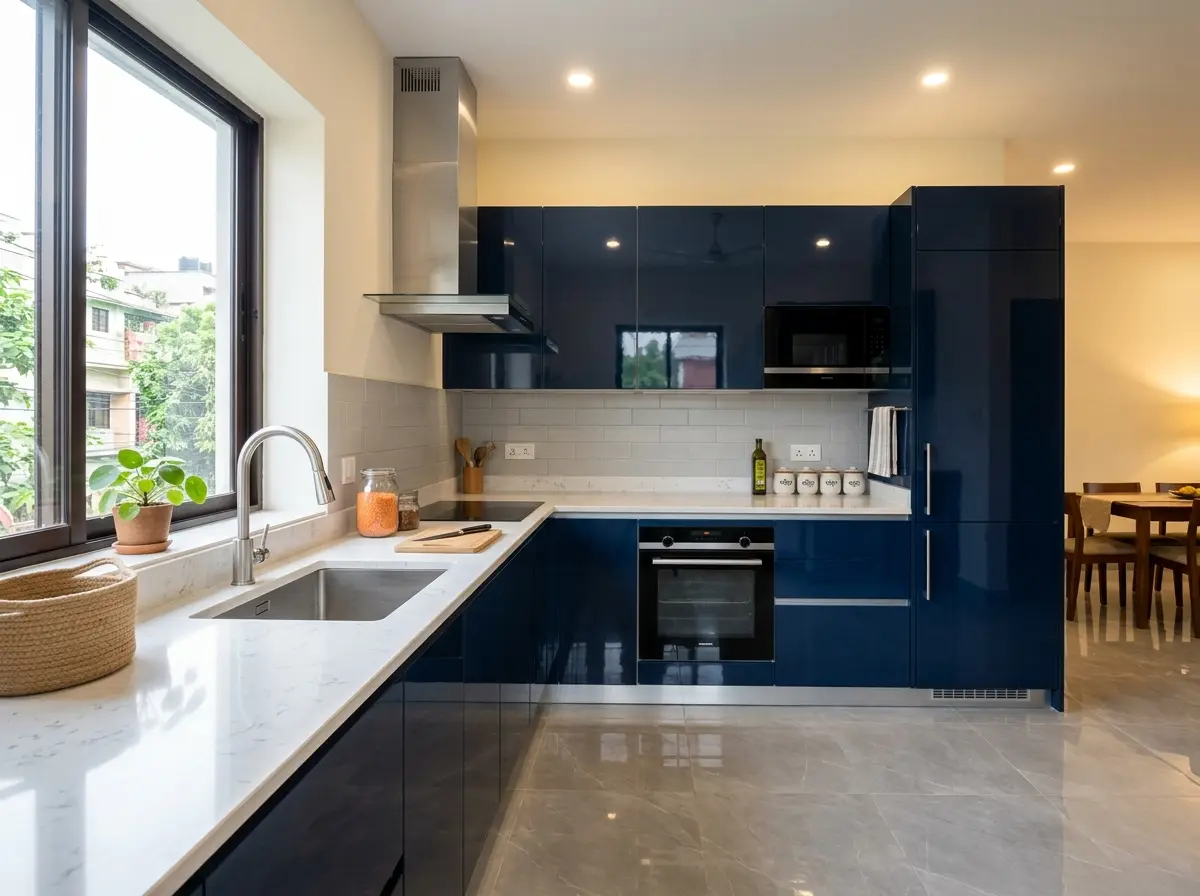 Modular kitchen with lacquer finish cabinets