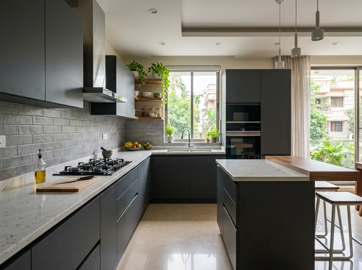 Modular kitchen with matte finish cabinets