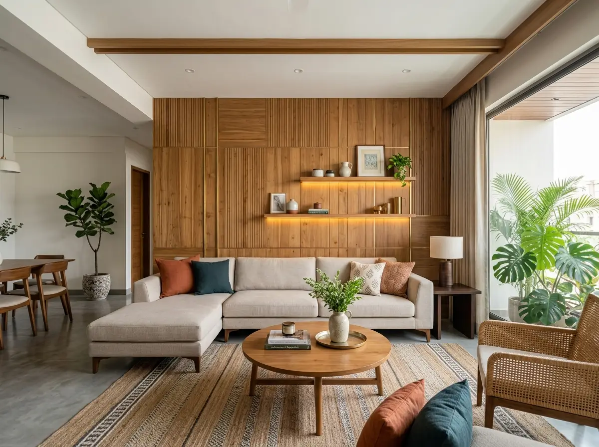Wooden paneling design for living room
