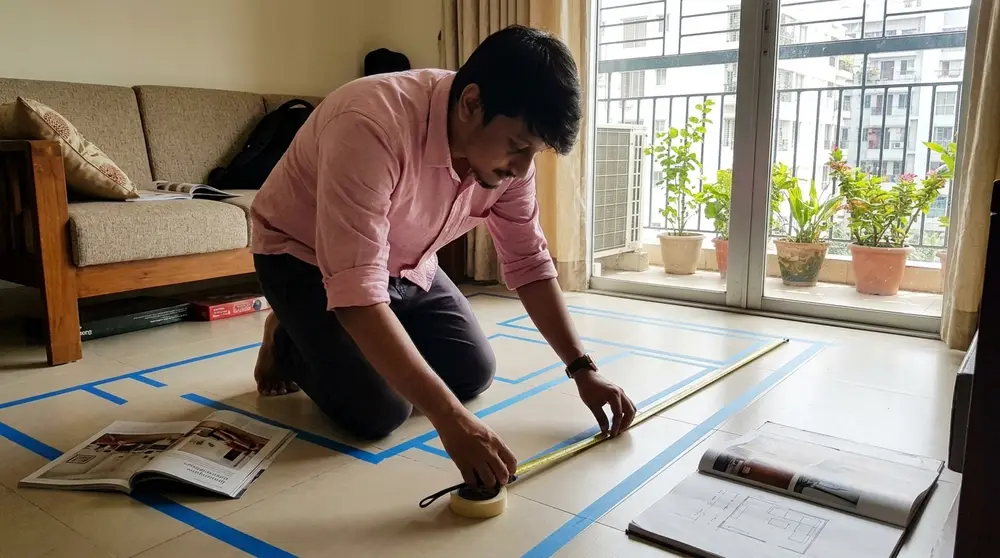 Dhaka living room layout marked on floor showing correct sofa scale and walking clearance