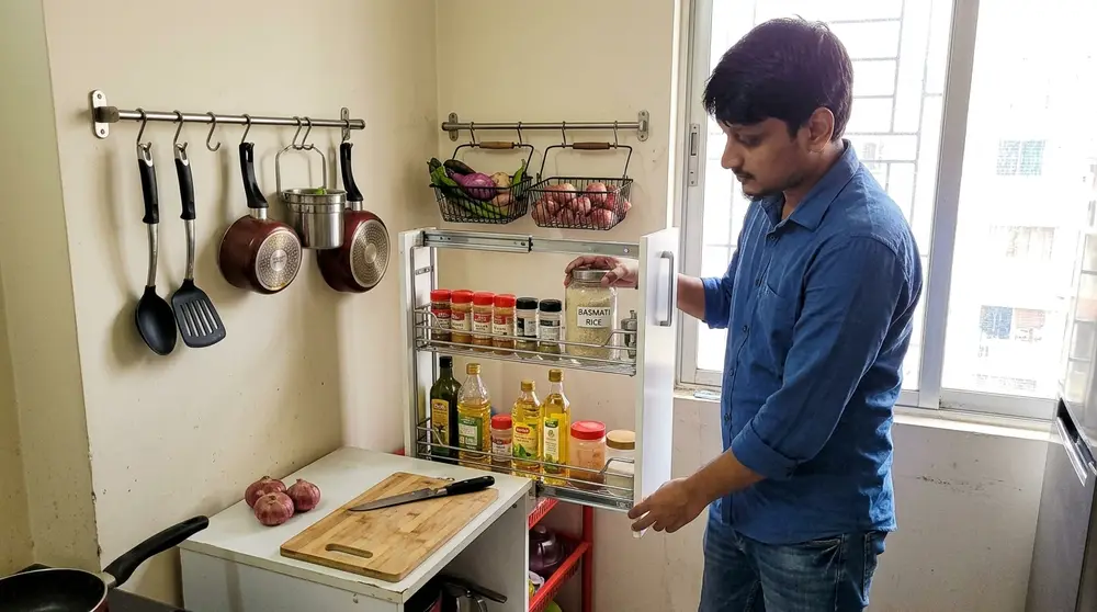 Compact Dhaka kitchen with vertical storage, pull-out pantry, and organized labeled containers