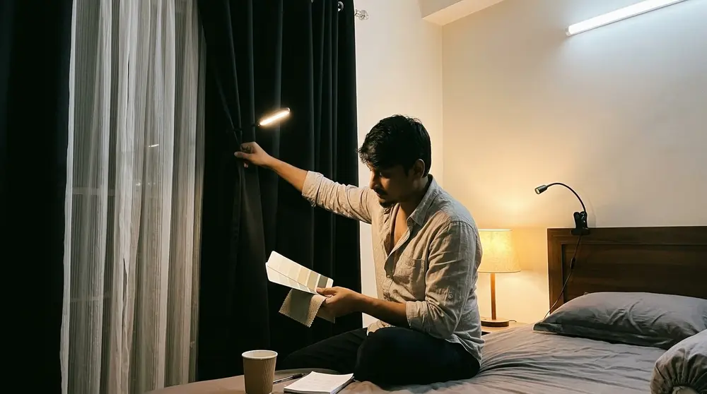 Bedroom with layered lighting setup and combined sheer plus blackout curtains
