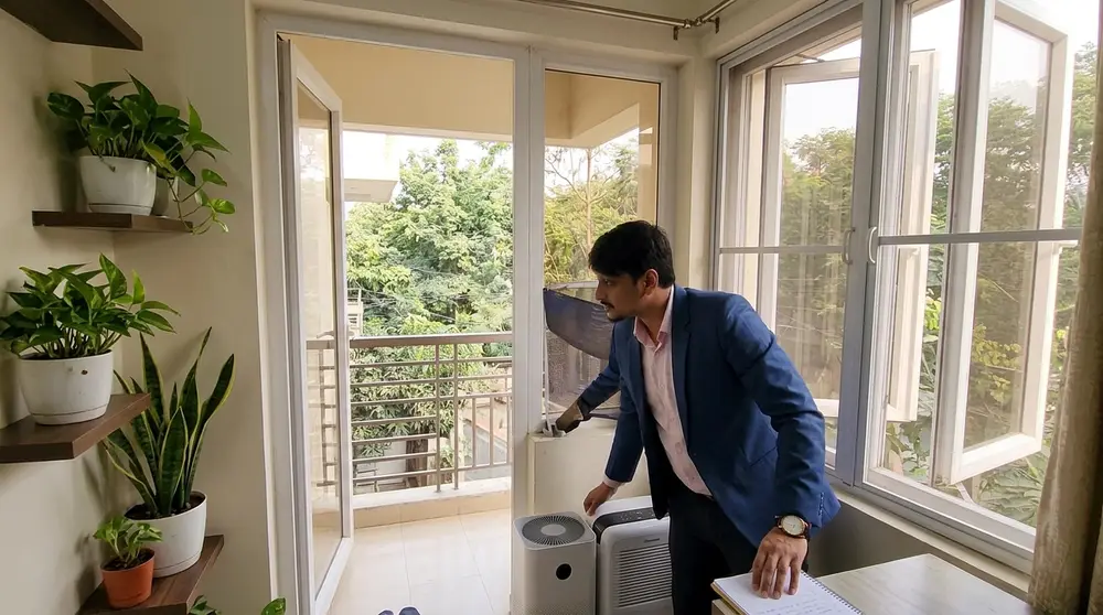 Window and balcony setup for cross-ventilation with insect mesh and air purifier placement