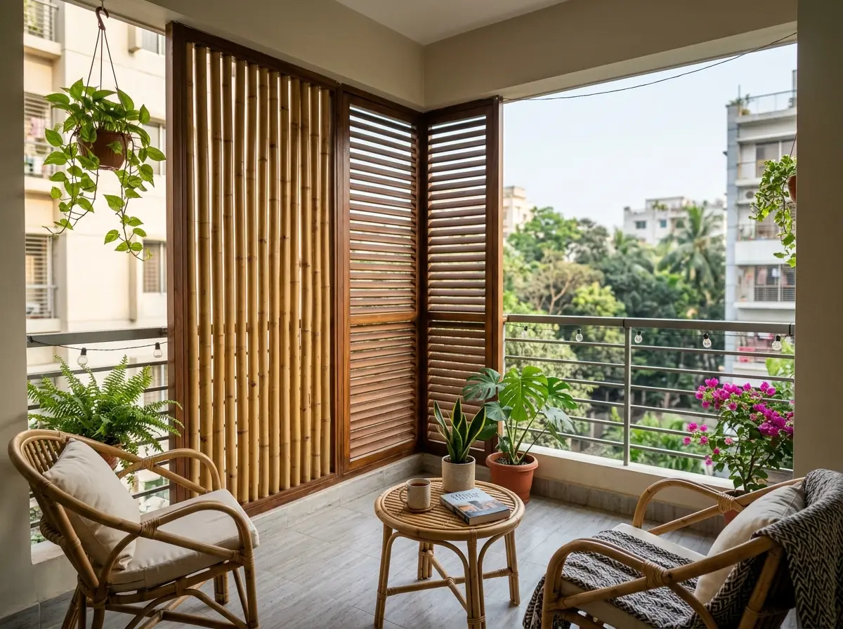 Balcony privacy screen design (bamboo/wood/louver) in Bangladesh
