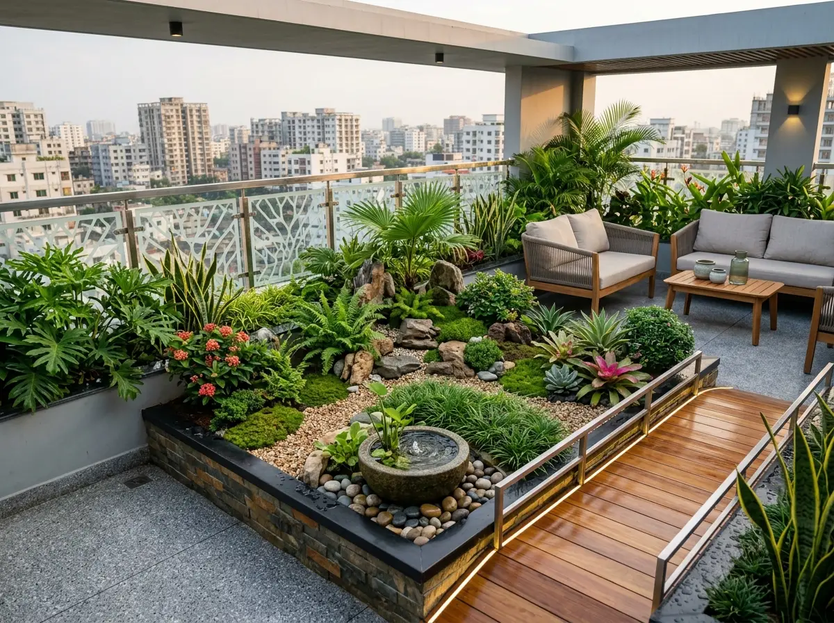 Rooftop garden micro-landscape design in Bangladesh