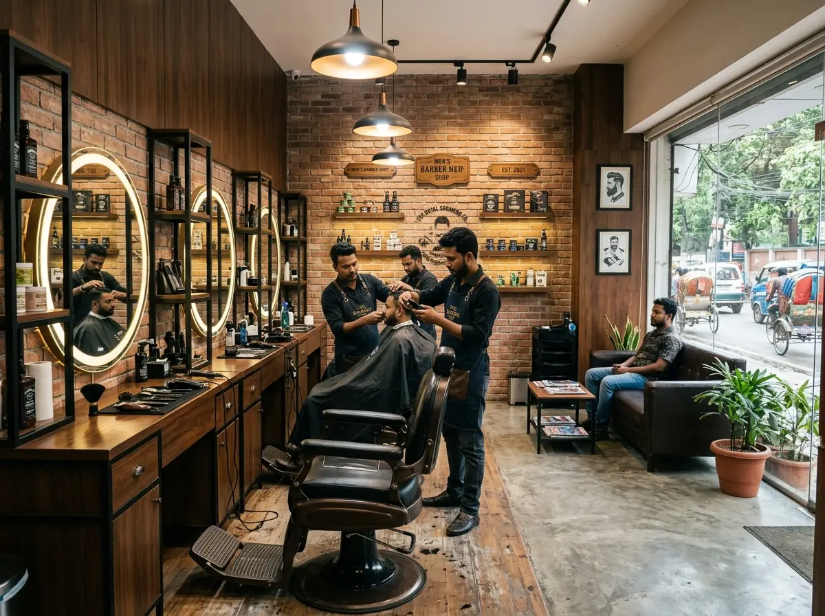 Men's barber shop interior design in Bangladesh