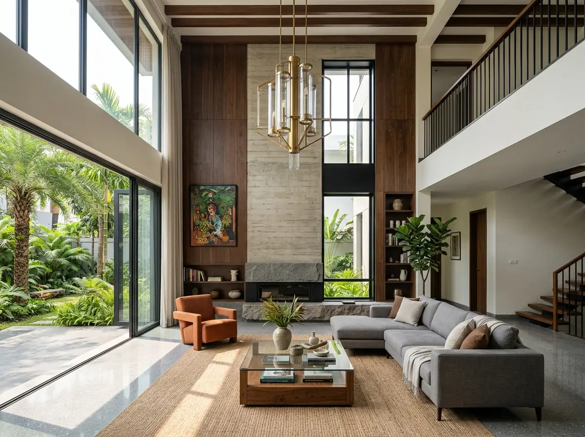Double-height living room design in Bangladesh