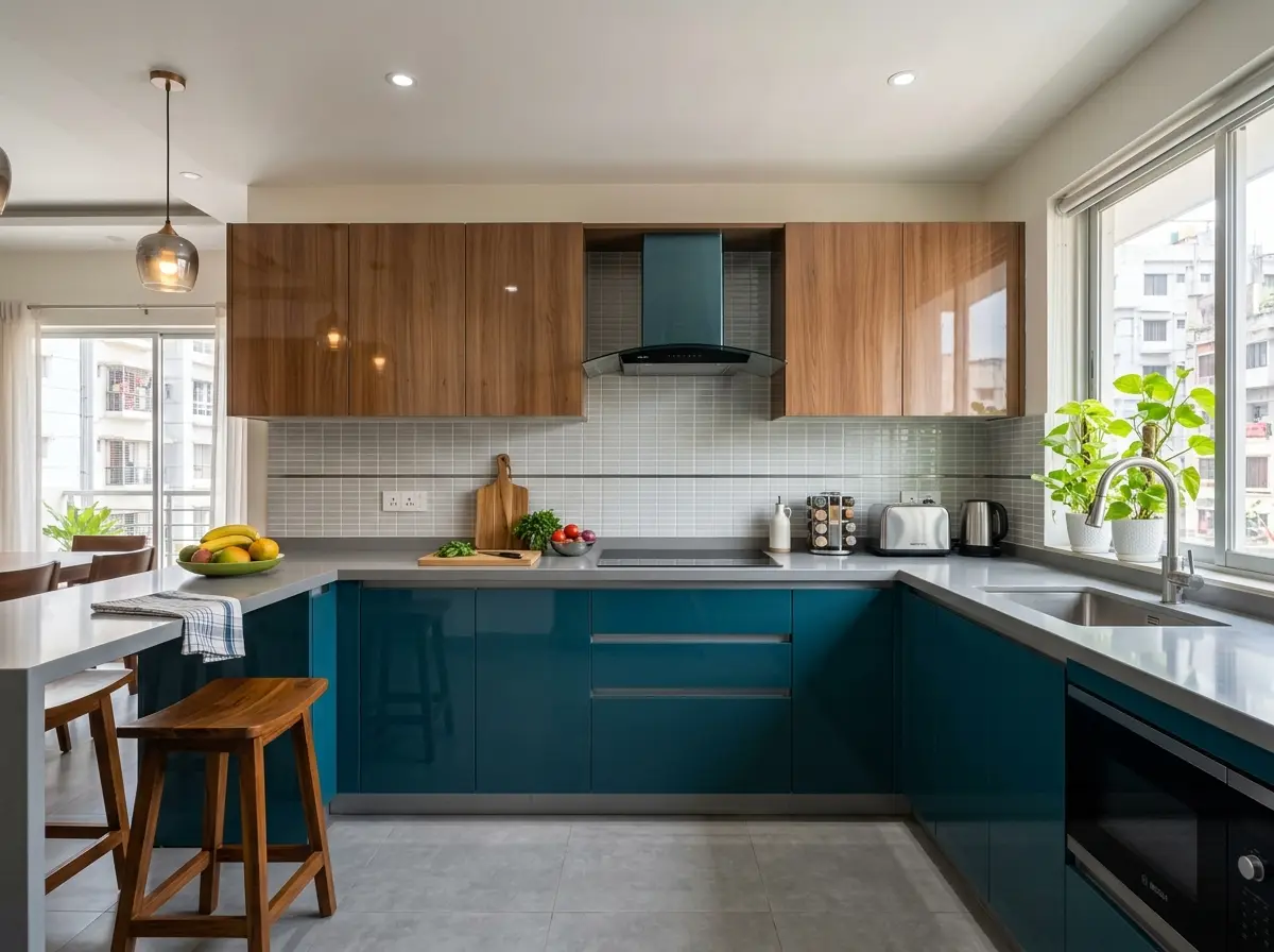 Modular kitchen with acrylic finish cabinets in Bangladesh