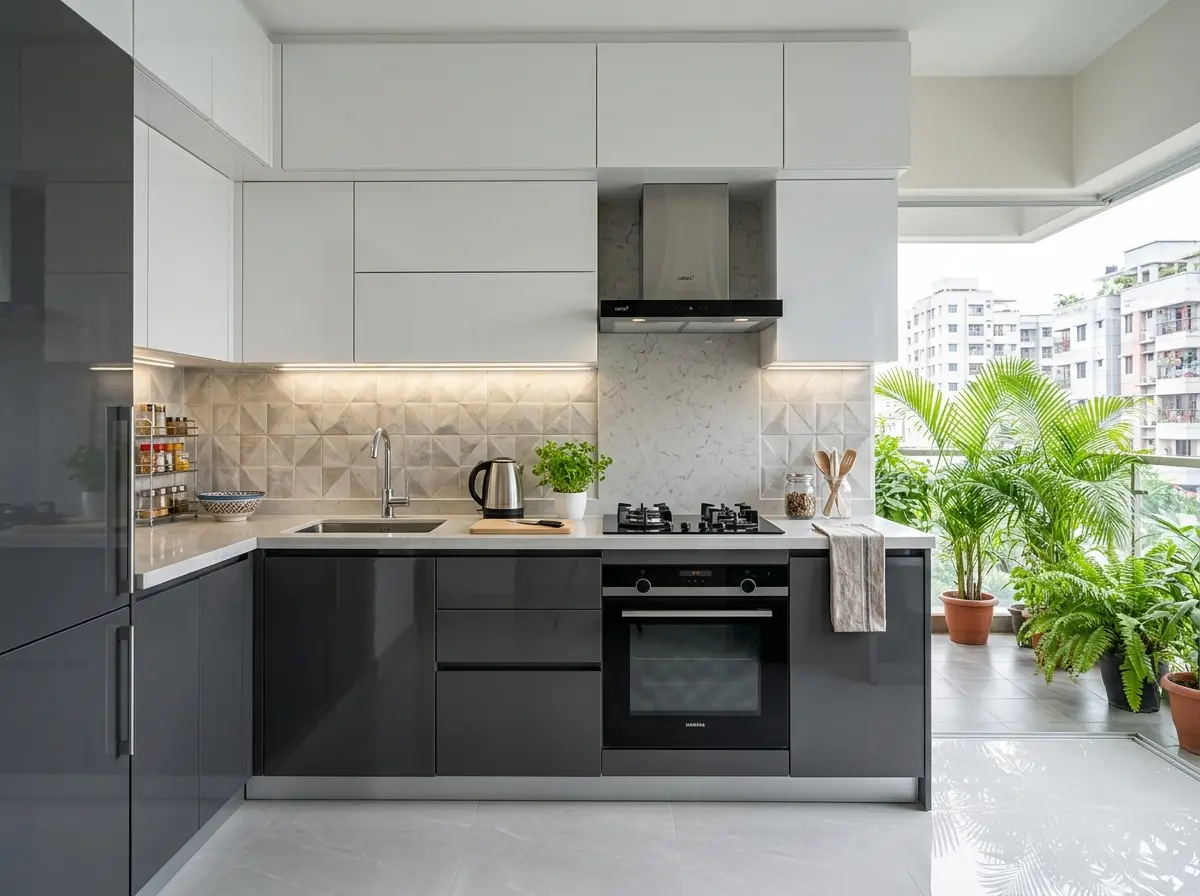 Modular kitchen with lacquer finish cabinets in Bangladesh