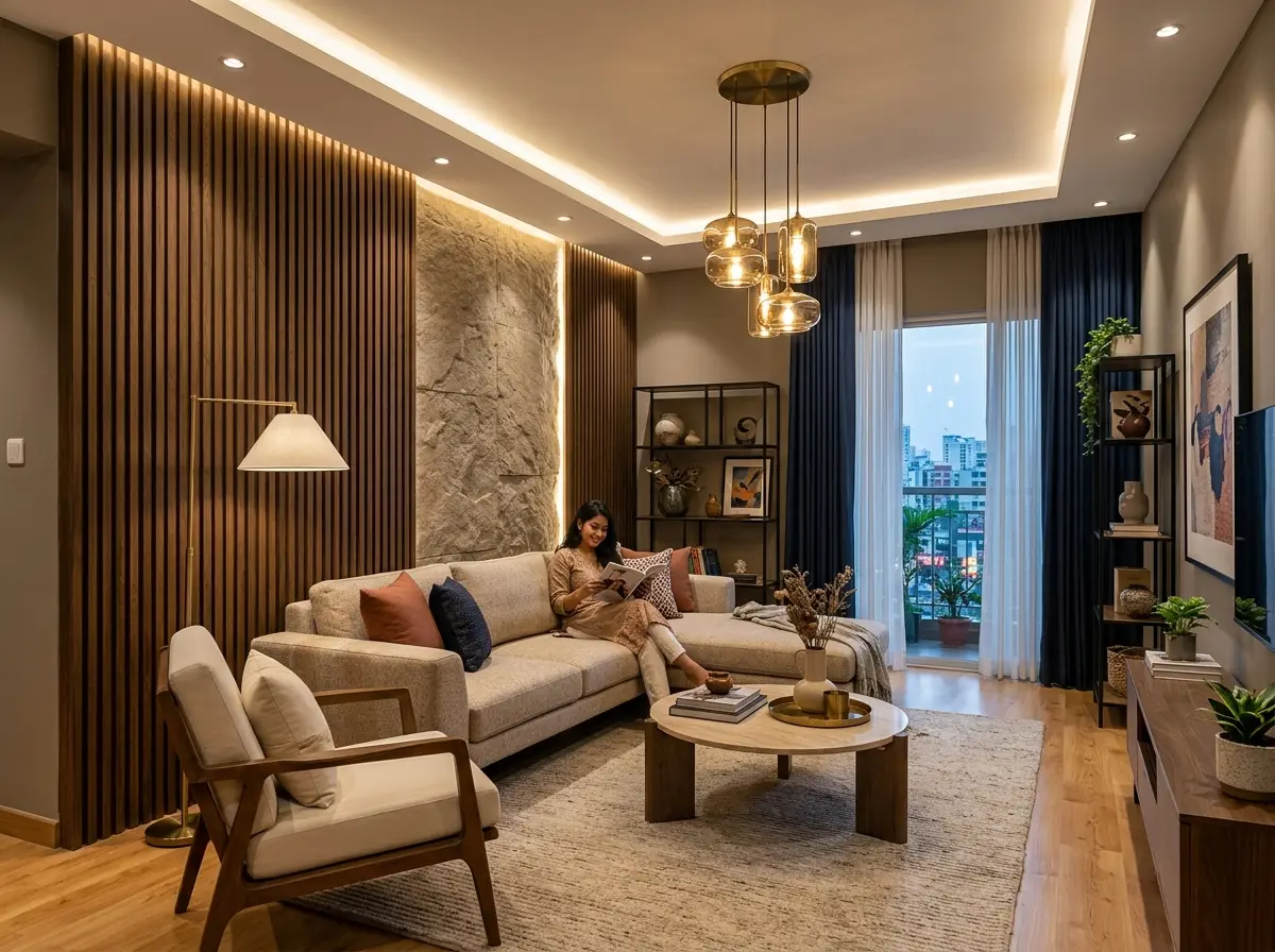 Living room makeover (feature wall + lighting) in Bangladesh