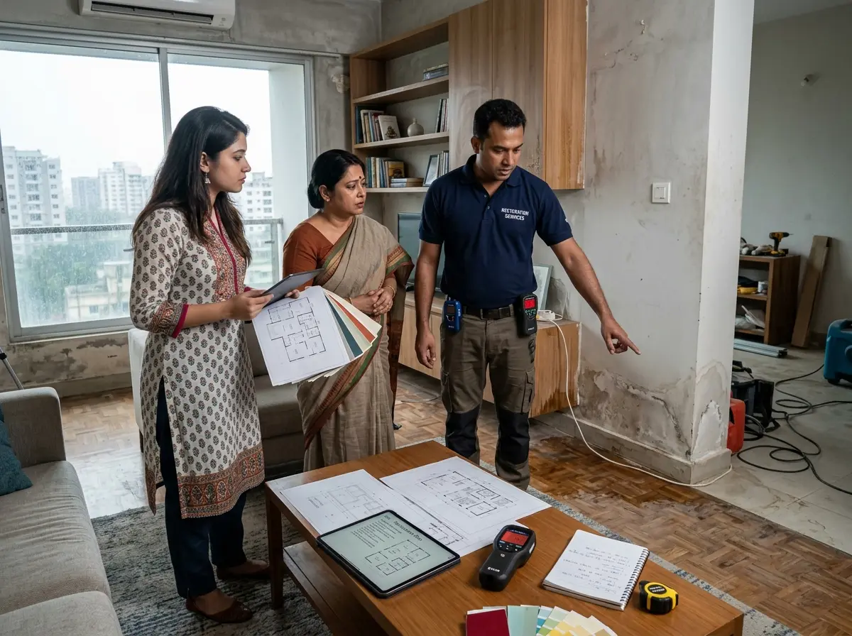 Water-damaged interior restoration coordination in Bangladesh