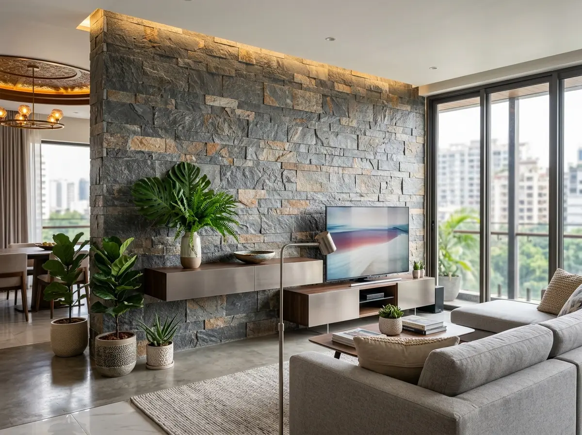 Stunning stone cladding feature wall design in Bangladesh