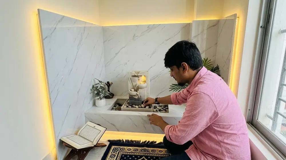 Minimalist prayer corner with LED lighting and marble finish