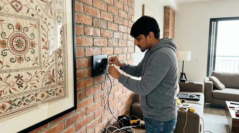 Interior design blending traditional art with industrial brick