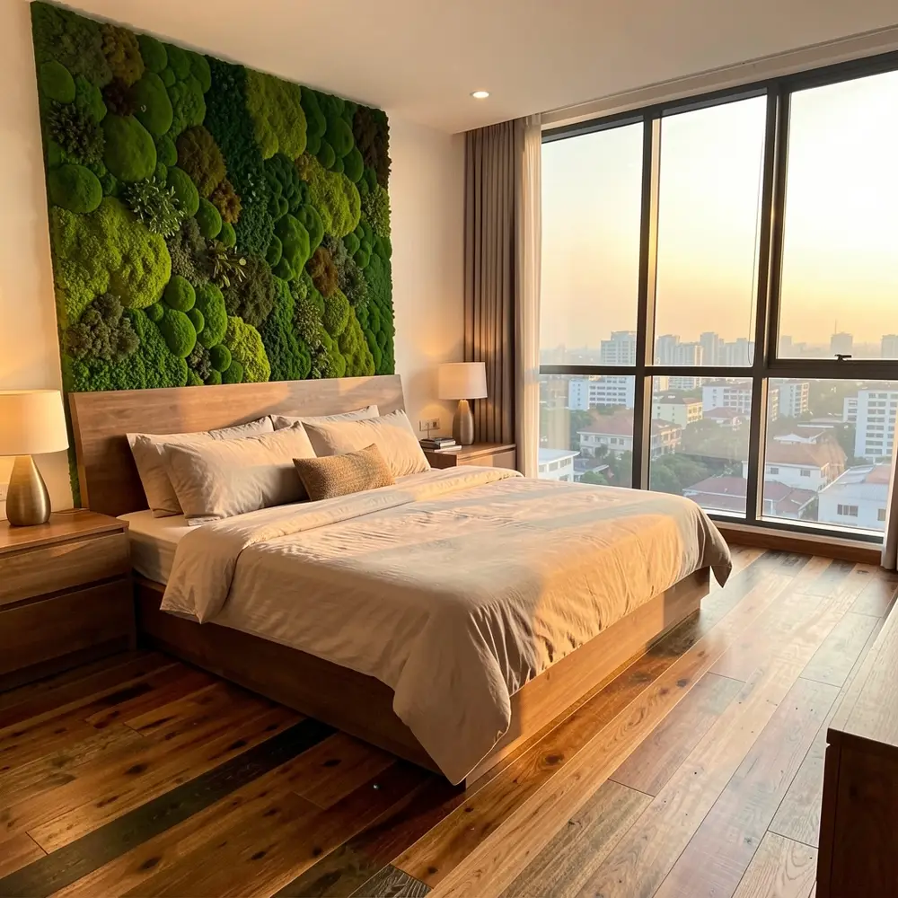 Modern bedroom with biophilic moss wall and teak flooring