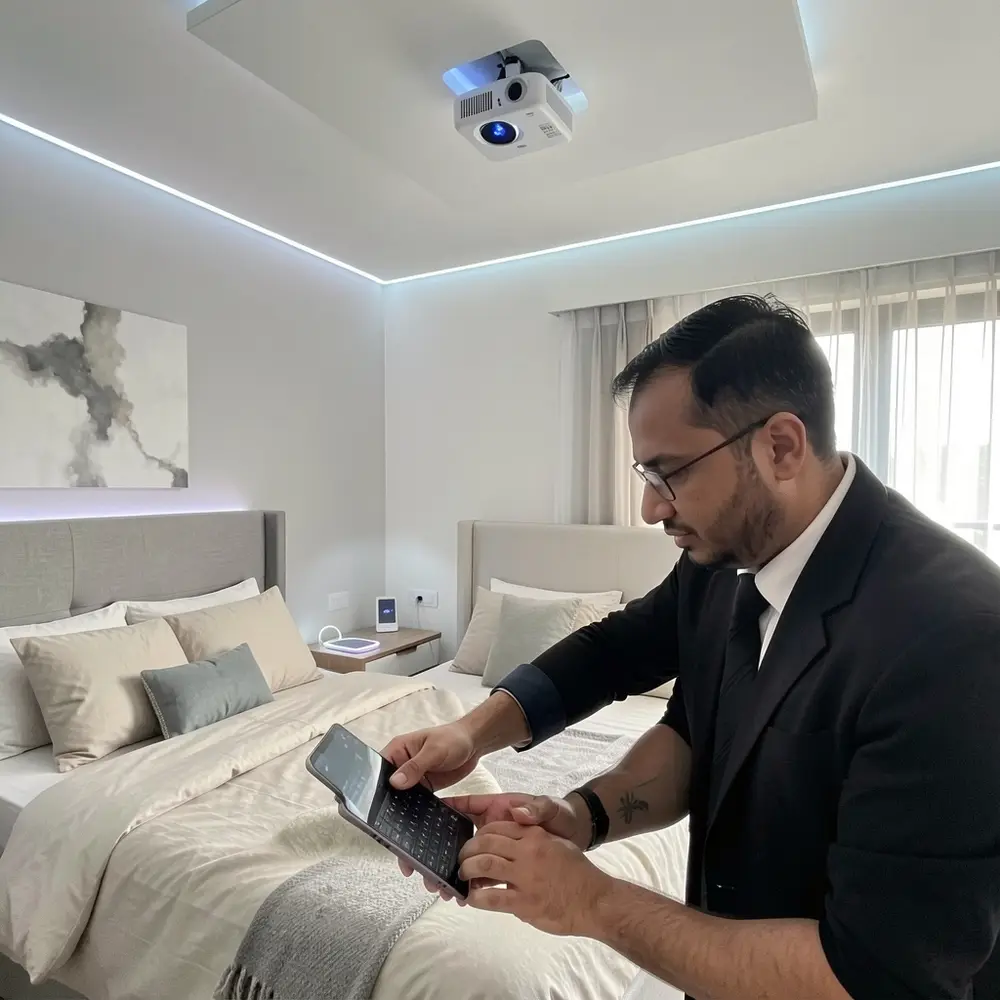 Smart bedroom with integrated technology and ambient LED lighting
