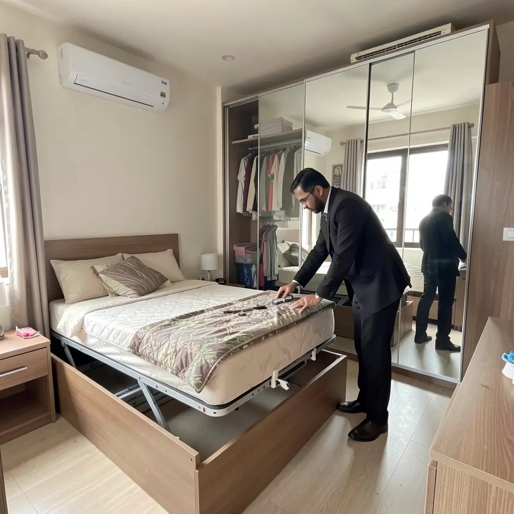 Space-saving Dhaka apartment bedroom with mirrored wardrobes