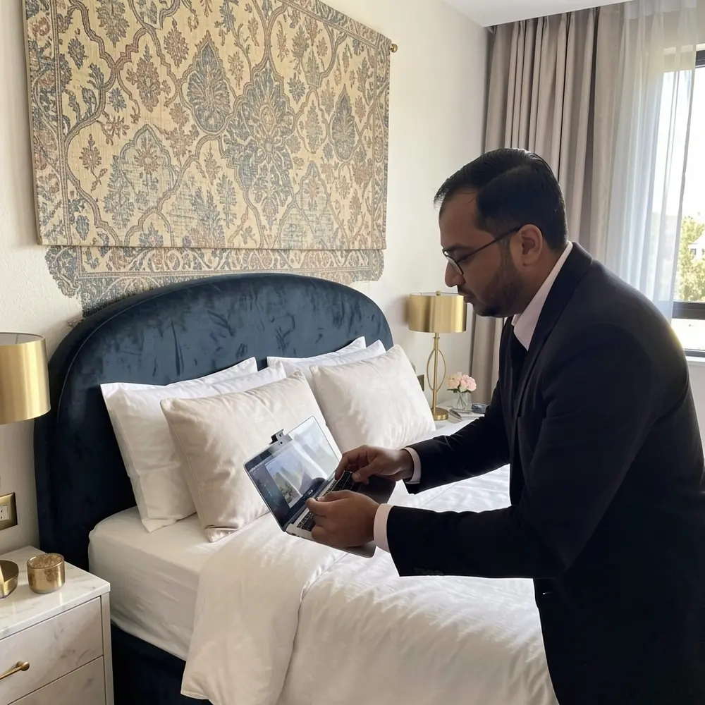 Luxury bedroom featuring Jamdani wall art and velvet furniture