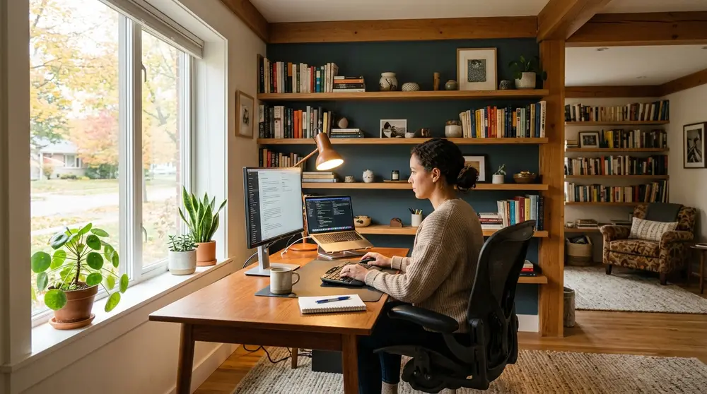 Modern home office setup with wooden desk by Wafi Designs