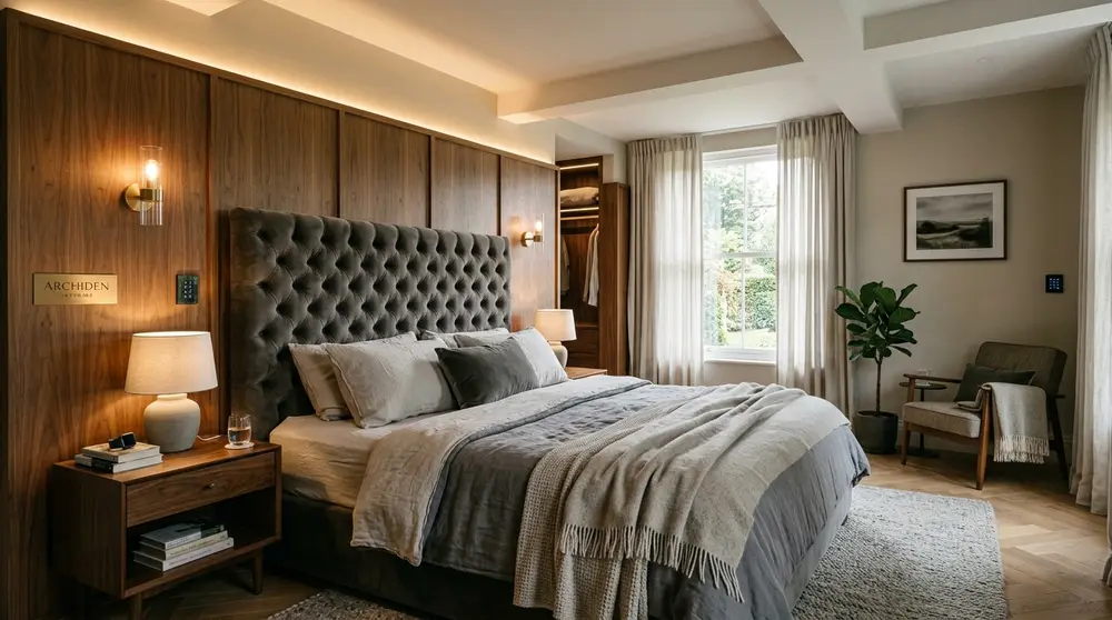 Premium master bedroom design with wood paneling by Archiden Interior