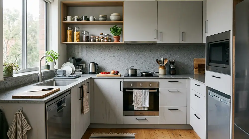 Modern modular kitchen design with quartz countertops by Sketch Interior