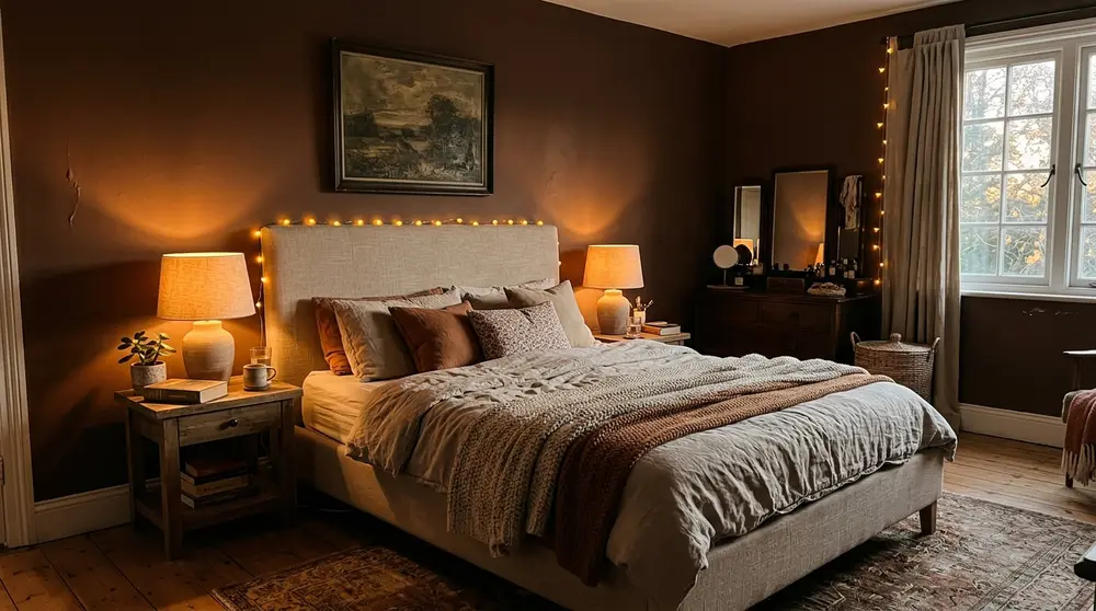 Dramatic cozy bedroom featuring warm chocolate brown walls and soft lighting