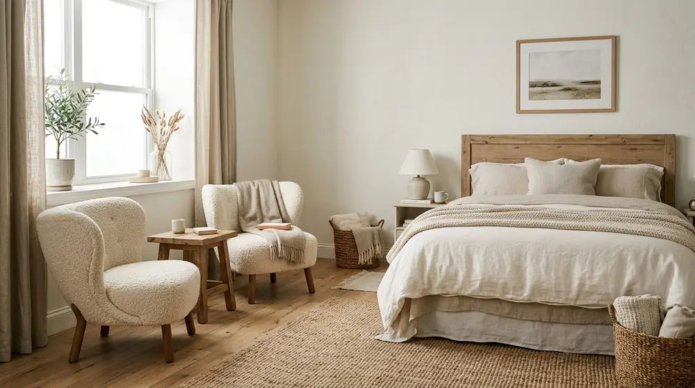 Cozy bedroom interior featuring warm alabaster white walls and light wood accents