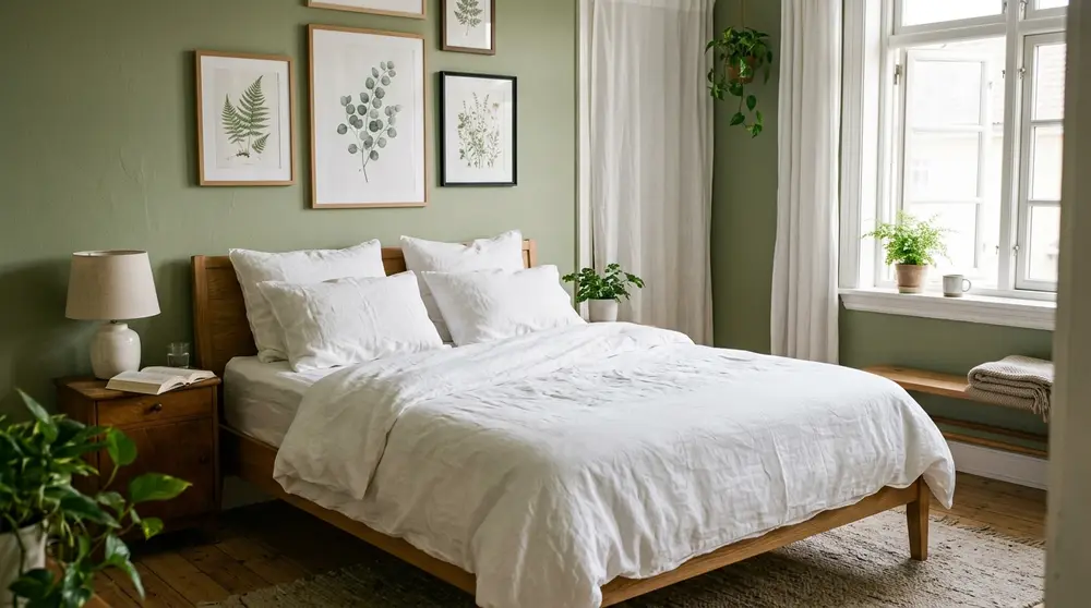 Serene bedroom design with soft sage green walls and natural linen bedding