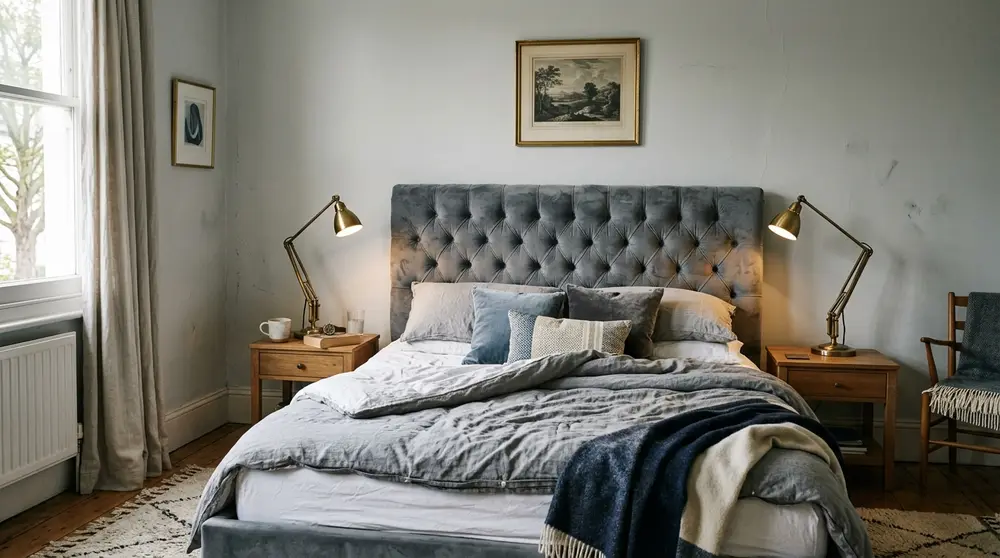 Sophisticated modern bedroom with pale misty gray walls and brass fixtures