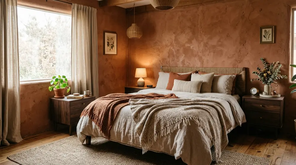 Warm earthy bedroom featuring terracotta clay walls and textured textiles