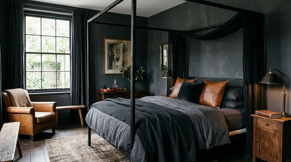 Moody luxury bedroom with deep charcoal gray walls and a black canopy bed