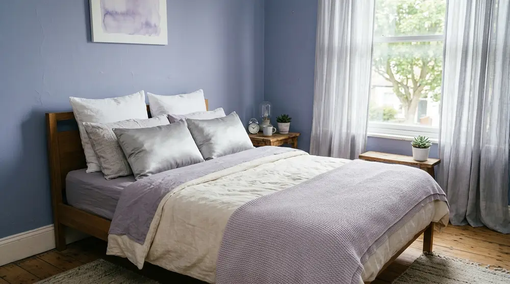 Tranquil bedroom space with dusty lavender blue walls and satin accents
