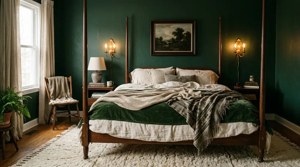 Rich bedroom styling featuring deep forest green walls and gold sconces