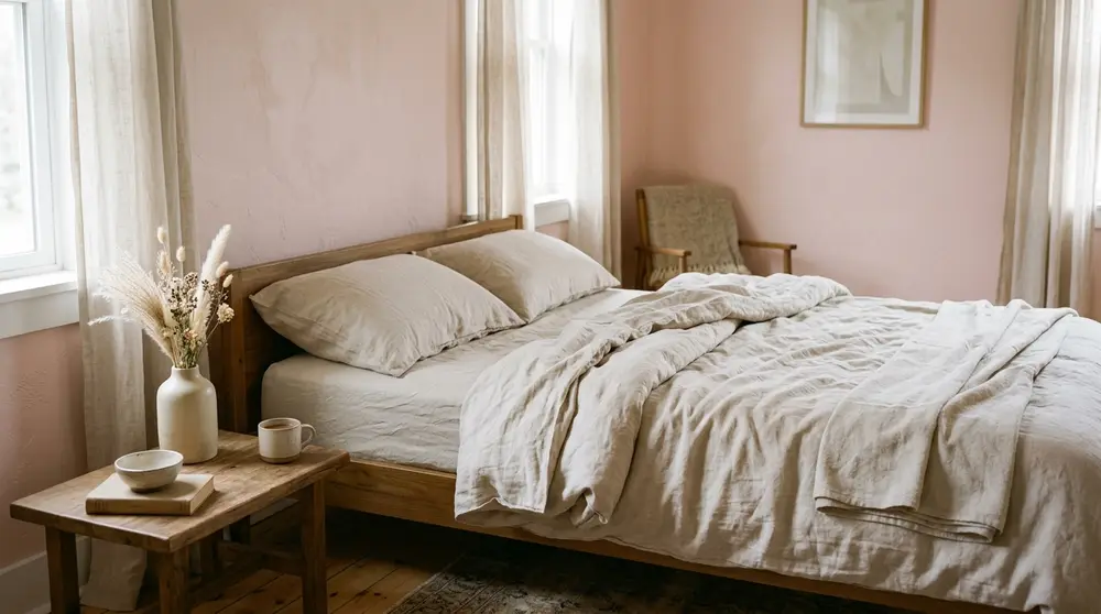 Soft romantic bedroom interior with pale blush pink walls and beige bedding