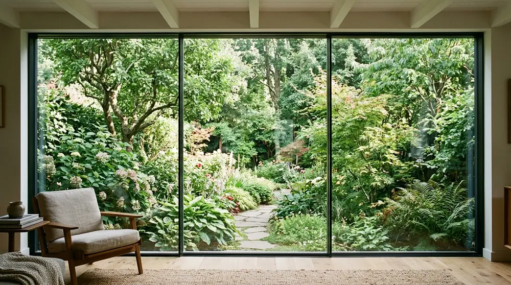 Floor-to-ceiling glass walls in a living room