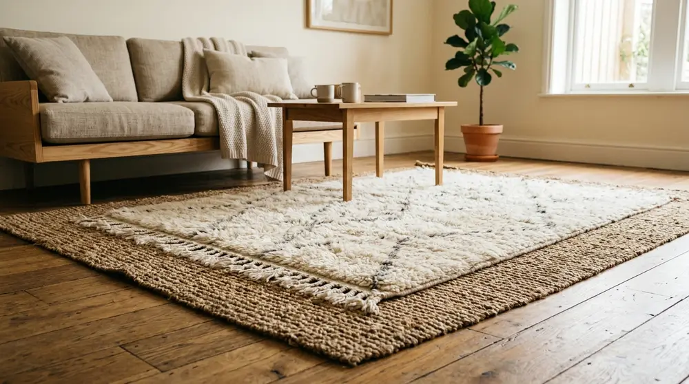 Layered jute and wool rugs