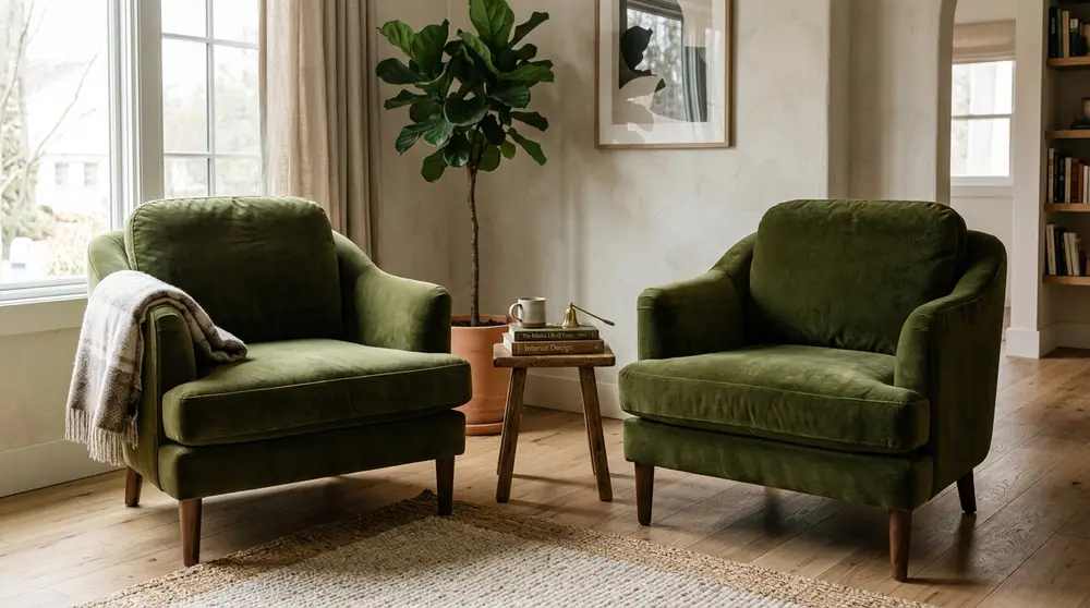 Olive green velvet armchairs