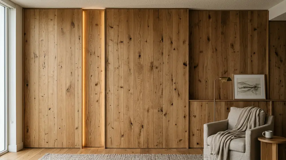 Natural oak wood paneling with integrated LED lighting