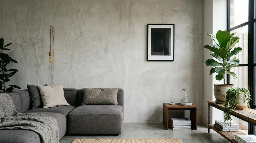 Micro-Cement Feature Walls – The Industrial Silk — 35 Modern Living Room Inspiration & Design Ideas 2026