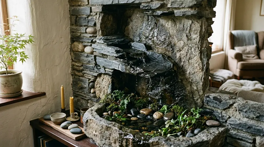 Indoor stone water fountain feature