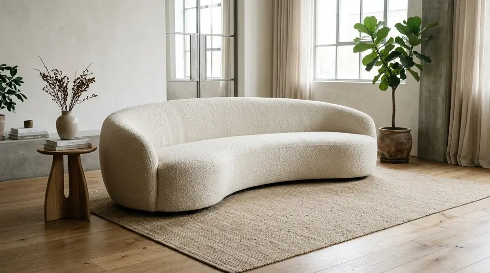 Curved bouclé sofa in a minimalist living room