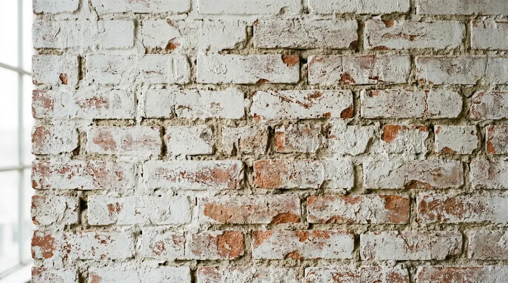 Limewashed exposed brick wall