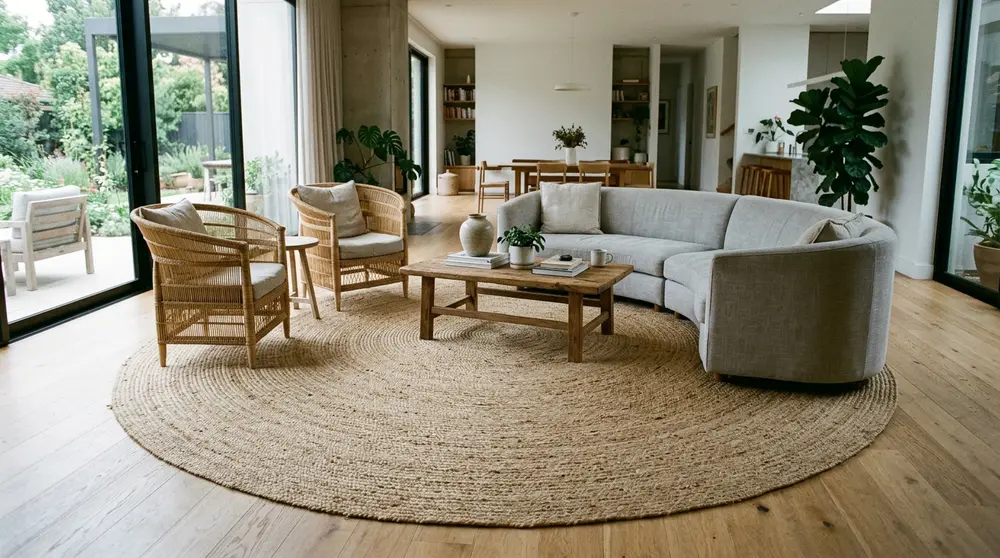 Circular rug defining a living zone