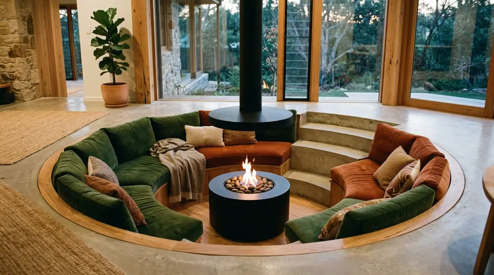 Sunken conversation pit with modern fireplace
