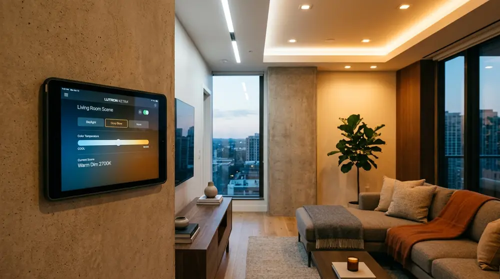 Smart home lighting control in a modern living room