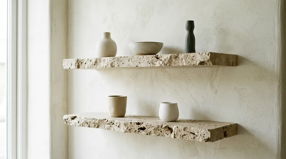 Floating travertine stone shelves